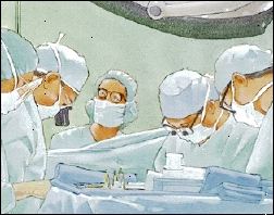 Cinco profesionales de la salud que usan los vestidos quirúrgicos, máscaras y sombreros que hacen la cirugía.